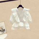 Women Summer Two Piece Set Korean Ruffles Patchwork Short Sleeve V Neck Top And Irregular Denim Skirts Set For