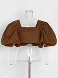 Casual Loose Shirt For Women Square Collar Puff Sleeve Solid Minimalist Blouses Female Summer Clothing Style