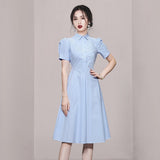 Fongt Elegant Temperament Collar Bubble Sleeves In The Summer Of 2025, Showing Thin Splicing Striped Dress