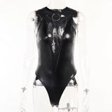 Dark Grunge Mesh Patchwork Sexy Women Bodysuits Mall Gothic Bodycon Faux Leather Black Tops Punk Sleeveless Summer