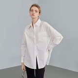 Polo Collar Full Drop Sleeve Casual Loose Straight Shirts Office Lady Pocket Design Cotton Solid Spring