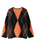 Orange Dimond Pattern Fuzzy Cardigan-Outfit