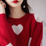 Fongt Dong Lady Long Sleeves Versatile Round Neck Sweater Sweater Jacket Jacket Korean Version Love Jacquard Loose Bottom Shirt-Outfit