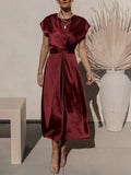 Women's Dress Elegant Satin Silk Green Office Ladies Lace-up Midi Dress Chic Evening Party Dresses for Women 2023 New-Outfit