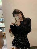 Sweet O-neck Long Sleeve Knitted Cardigan+ Y2k E-Girl High Waist Flower Print Ruched Skirts Spring New Two Piece Sets-Outfit