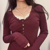 Trend Red Lace Side Buckle Spliced T-Shirt 2023 New V-Collar Basic Simple Slimming Leisure Bottom Shirt-Outfit