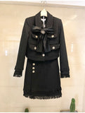 New Autumn Winter Women Two Piece Set Thicked Warm Bow Woolen Coat + Tassels Button Mini A Line Skirt chic