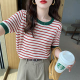 Silk Short-Sleeved Sweater Women's Thin Striped T-Shirt Large Size Korean Version Bottom Summer Half-Sleeved Chic Blouse-Outfit