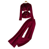 Fongt Goods Fashionable Wearing A Famous Man's High-Level Feeling Strapped With A Waist Suit Collar Long-Sleeved Knitted Top High Waist Broad Leg Trousers