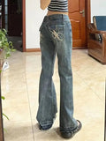 high street retro hottie micro-flare jeans women American Y2k autumn and winter raw edge splicing slim trousers-Outfit
