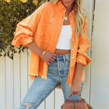 Fongt New Long-Sleeved Hair Edge Hole Denim Jacket Wind Girl Trend