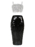 High-End Women's Sexy Bag Squid Crayons Pencil Skirt Women's High-End Temperament Feather Splicing Slingd Ribbon