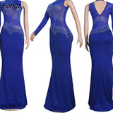 Gorgeous Rinestone Diamonds Mesh One Shoulder Maxi Evening Party Dress Women Mock Neck Long Sleeve Backless