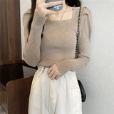 Fongt Collar Bottom Shirt Women's 2023 Autumn Winter New Knitting Low Coltleneck Sweater Short Black Bubble Sleeve Jacket
