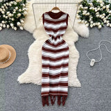 Fongt Slimming Striped Tuxedo Sweater Dress With Thin Knitted Dress Temperament Elegant