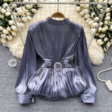 Fongt French-Style Waist-Low-Down Shirt Female Careful Machine Strap Design With A Chic Folded Lotus Leaves Hem French Top