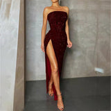 Sequin Strapless Evening Dress Women 2023 Spring Sexy Red High Slit Dresses Elegant Dress Women Party Club Dress Women-Outfit