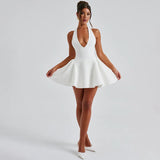 Deep V-Halter Backless A-line Mini Dress-Outfit