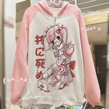Sweet Cartoon Thin Pink Weatshirts Y2k E-Girl Long Sleeve Zipper Coat Women 2024 New Mid-length Loose Tops Mujer-Outfit