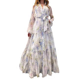 Fongt Women's Chiffon Print Dress Open Shirt Swing Belt Fashion Broken Flower Long 8072