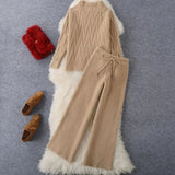 Winter Knitted 2 Piece sets Women's Thick Warm Casual Pullover Sweaters+Wide leg pants Tracksuits Korean