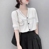 Solid Color Pullovers Fashion Bright Line Decoration Female Casual Loose Commute Pockets Spliced Single-breasted T-shirt-Outfit