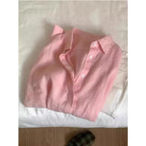 Fongt Cotton Pink Shirt Coat Female Summer Lazy Wind Polo Collar Linen Sun-Stle-Lined Loose Top