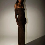 Fongt Women's New Luxury Out-Shoulder Long-Sleeved Body Drilled Noble Dress