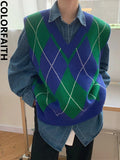 2022 New Sleeveless Oversized Knitted Checkered Vintage Lady Autunm Winter Women Sweater Pullover Vest Tops
