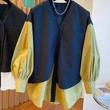 Autumn Fake Two Pieces Spliced Shirt Pockets Female Clothing Casual Loose Single-breasted Korean Basic Solid Color Blouse-Outfit