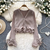Fongt Shirt Women Spring And Autumn New Three-Dimensional Lotus Edge V Collar Folded Horns Short Top Lady