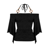 Fongt Shoulder Design Beads With Hanging Neck Horn Sleeve Tops The Folding Tight Waist Thin Knitting Temperament Top
