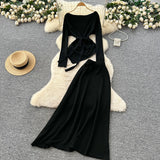 Fongt Temperament Wears A Female Autumn And Winter Design Sense Of Irregular Strap To The Waist Long-Sleeved Knitted Shirt + High Waist Half-Dress