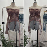 Fongt Old-Fashioned Green Shoulder Horn Sleeve Blouse Dye Net Yarn Lace Draw Rope Short T-Shirt 8010