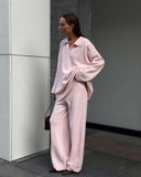 Fongt And Winter Solid-Color Lap-Over Sweater Set Women's Loose Knit Polo Collar Sweater Broad Leg Pants Two-Set