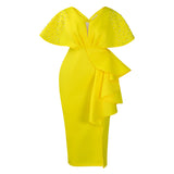 Fongt Summer Sexy V-Necked Lotus Leaf Side Open Nail Bead Party Dress Famous Temperament Banquet Dress