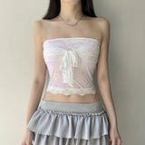 Sweet Wind Sleeveless Printing Lace Breast 2024 Summer Style Pure Desire Sexy Slim Show Navel Blouse Woman-Outfit