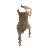 Fongt Shooting Lace Suspension Sheaf Vest Women's Summer Thin Irregular Lotus Leaf-Side Ribbon Slime Blouse 11851