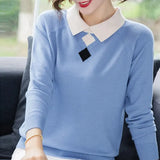 Turn-down Collar slim knitted ladies sweaters Elegant warm long sleeve women's pullovers Korean patchwork color