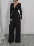 Fongt Women's Dark V Solid-Color Pit Strip Sexy Body-Snley Elegant Temperament Jumpsuit