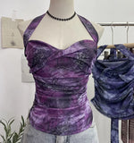 Fongt Shot Tie-Dye-Dyed Denim Print Folding Mesh Sling Sling Sling Neck With Bow Striped Backwear 9921