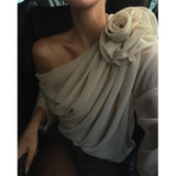Collar Floral Applique Mesh Chiffon Tops for Women Elegant Fashion Club Cropped Tops See Through Pullover New-Outfit