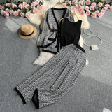 Fongt Suit Female Casual Temperament V Collar Waist Belt Knit Cardigan Jacket Three Piece Set High Waist Wide Leg Pants-Outfit