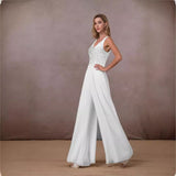 Fongt New Jump Trousers Lace Chiffon V-Neck White Trousers Wide Leggings
