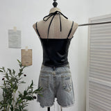 Fongt Shooting Locomotive Punk Pu Splicing Fishing Net Hanging Neck Sling Vest Babes Wearing Rope Repair Short Blouse 8106