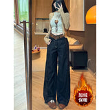 Fongt Apricot High-Waist Plus Velvet Thin Straight Jeans Women 2025 Autumn And Winter Loose Commute Wide-Legged Trousers
