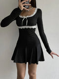 Lace Patchwork Knitted Mini Dresses Women Autumn Y2K Sweet Bow Bodycon Long Sleeve Pleated Dress Casual Korean Style-Outfit