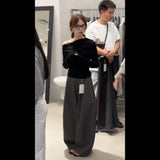 Fongt Autumn New Lazy Style Slanted Shoulder Long Sleeve Top With Loose Feeling Wide Leg Trousers Set