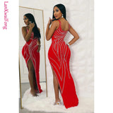 New Sexy Party Women's Dress with Iron Diamond Sleeveless Strap Wrap Hip Split Tight Elastic High Grade Evening Dress-Outfit