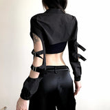 Wind Hollowed-Out Zipper High-Collar Ultra-Short Woven Blouse 2023 Summer New Spicy Girls Casual Blouse-Outfit